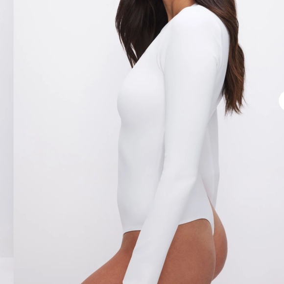 Good American Scuba crewneck bodysuit white long sleeve snap